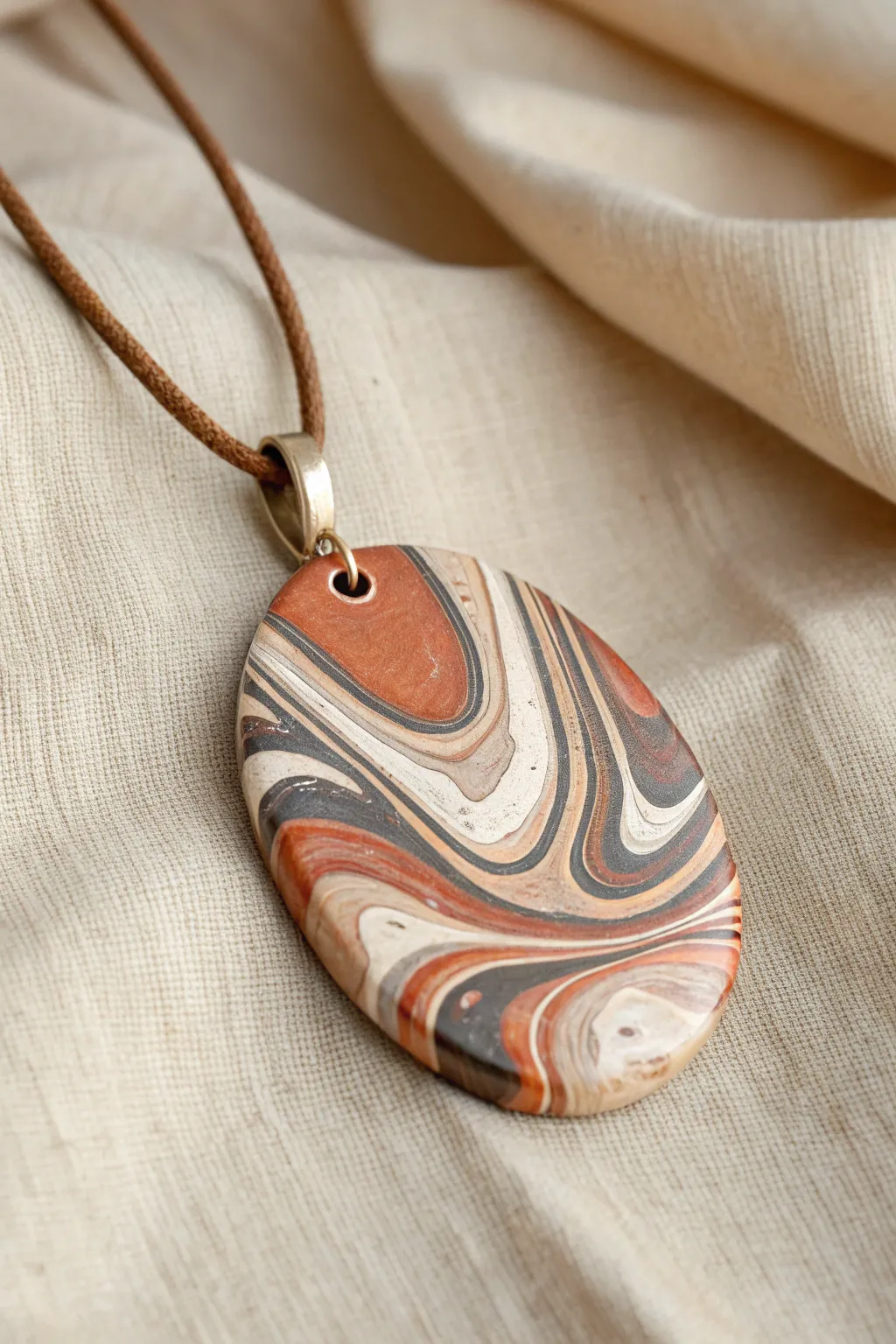 Bold mokume gane polymer clay pendant, layered pattern slices on a simple cord, softly lit.