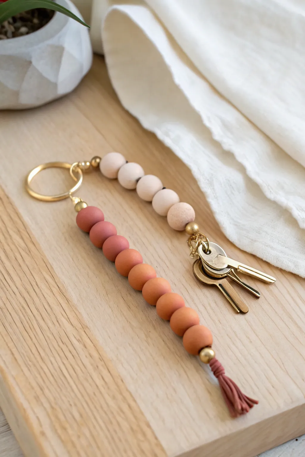 Soft gradient polymer clay beads make a chic everyday keychain with minimalist Scandinavian vibes.