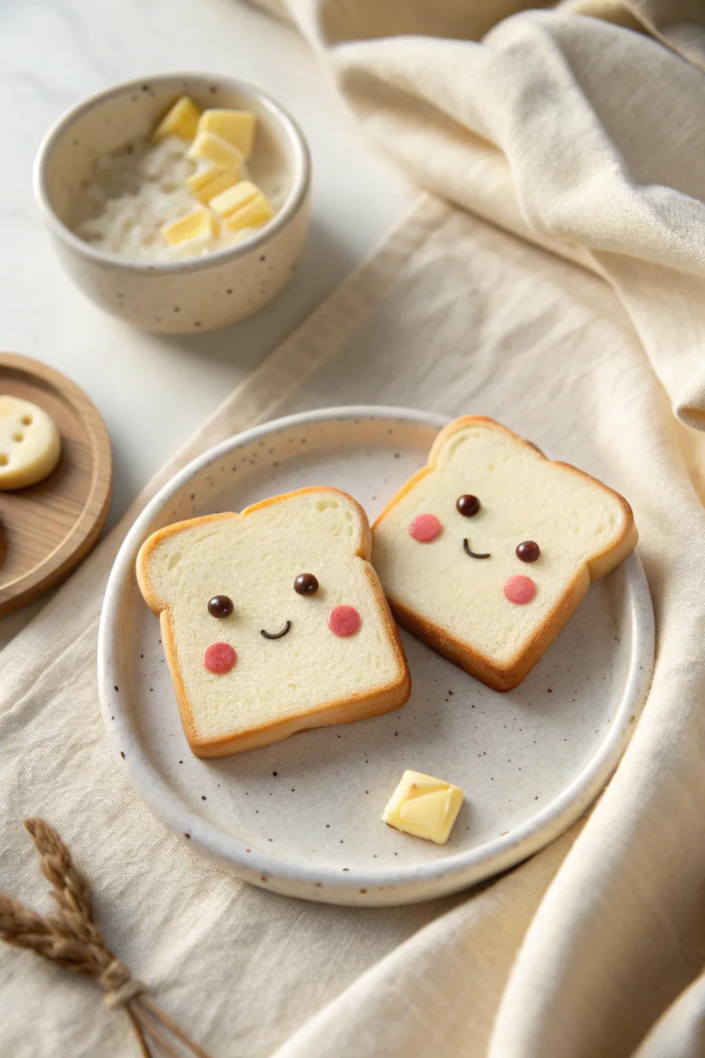 Kawaii polymer clay toast minis with tiny faces, styled on a simple plate in soft natural light