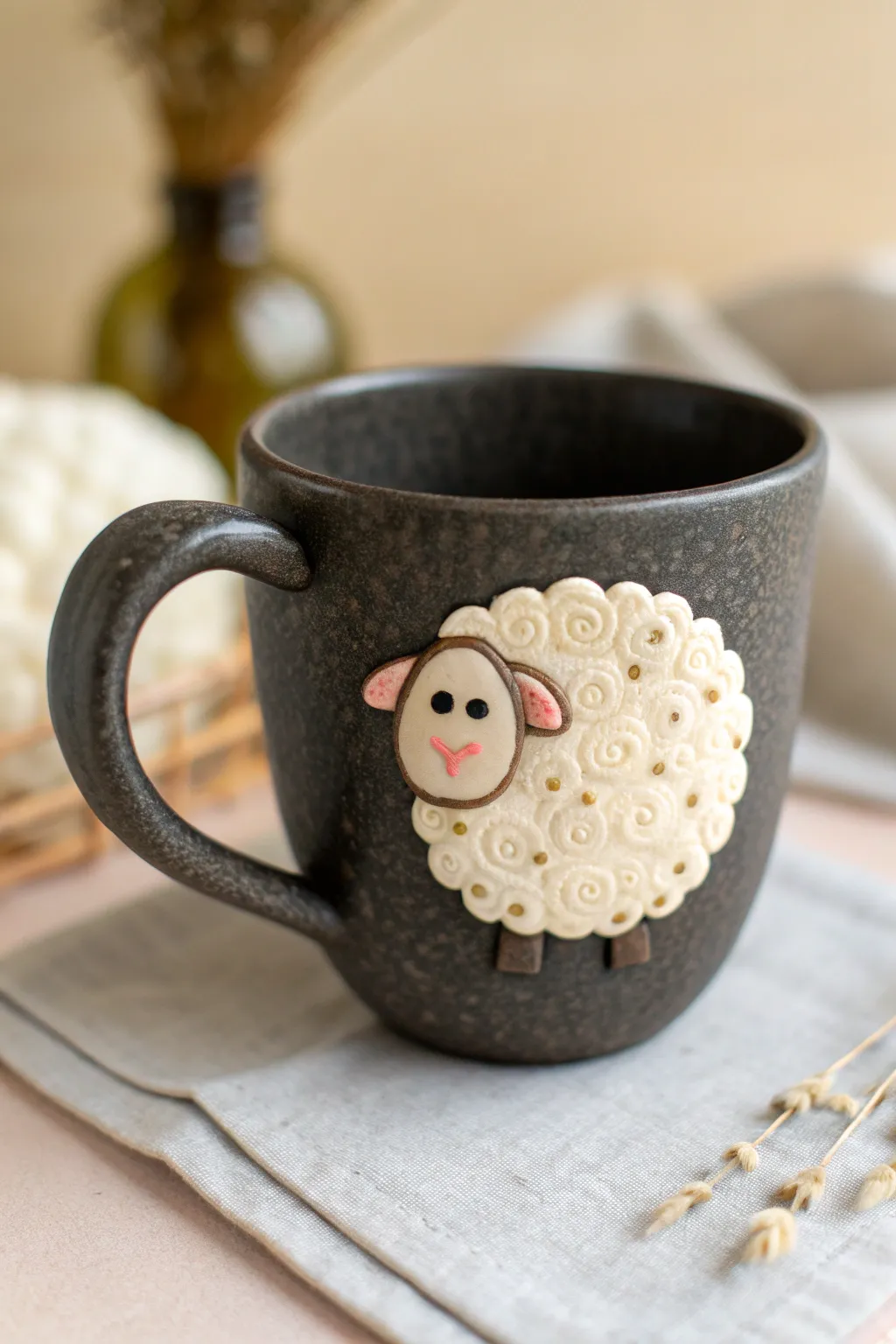 Dark mug with a chubby polymer clay sheep applique and cozy wool texture, minimalist and cute.