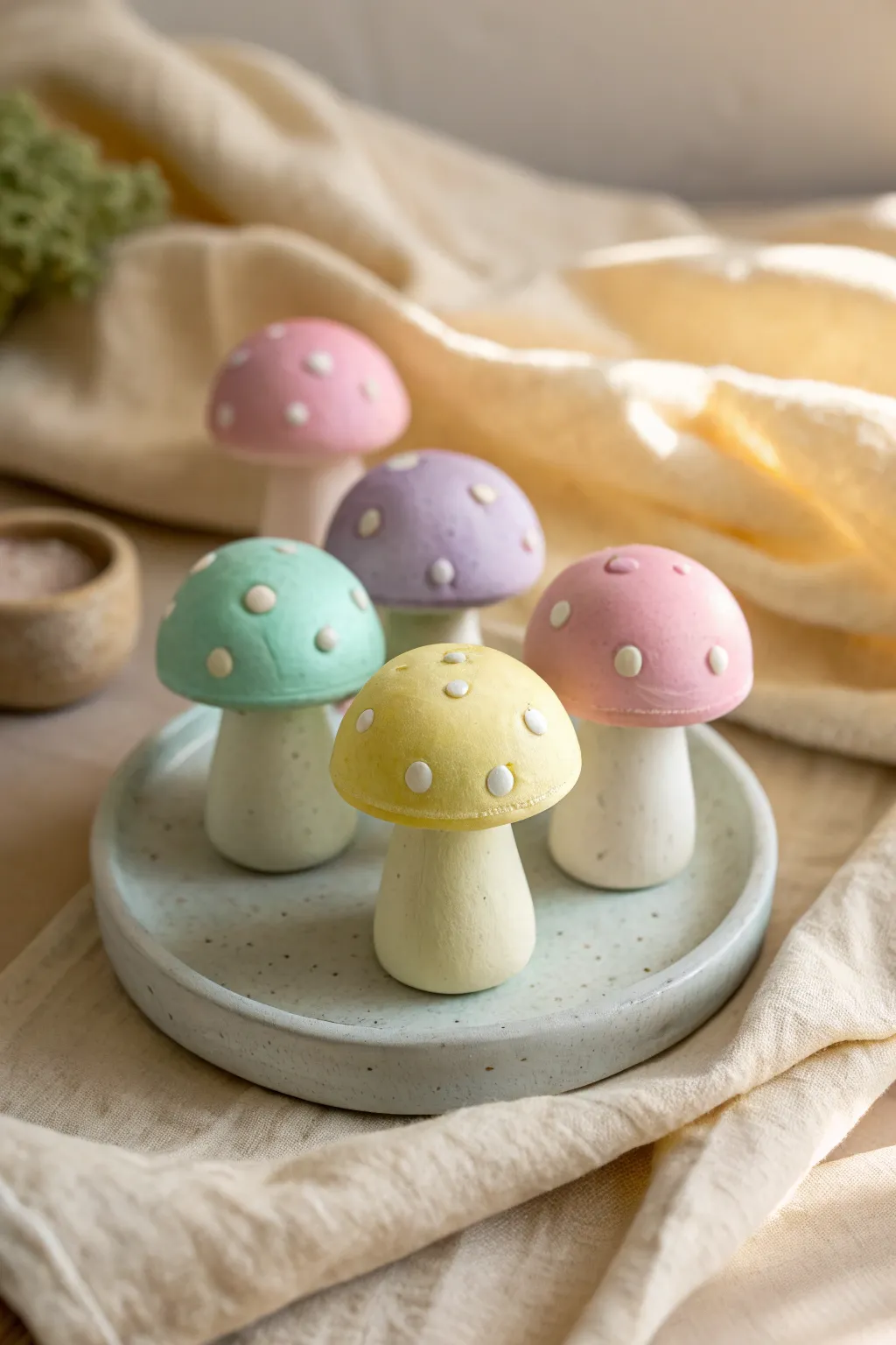 Pastel polymer clay toadstools in mint, lilac, blush and butter yellow on linen, matte.
