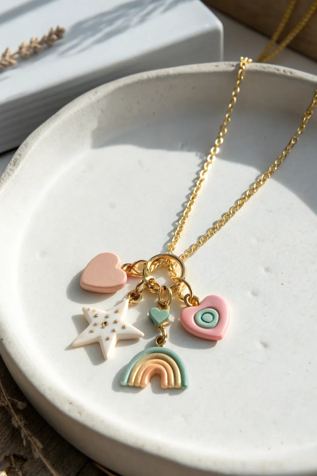 Cute polymer clay charm cluster necklace in soft pastels, minimal Scandinavian boho vibe.