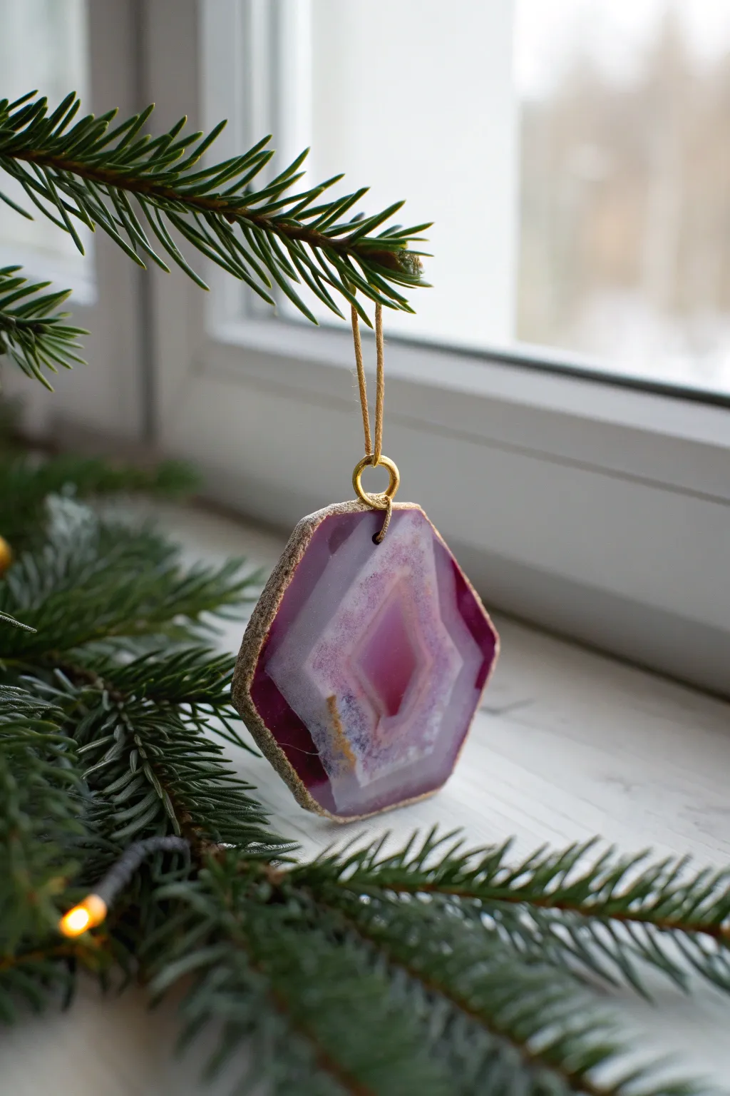 Marbled polymer clay gemstone slice ornament in jewel tones, glowing on deep evergreen needles