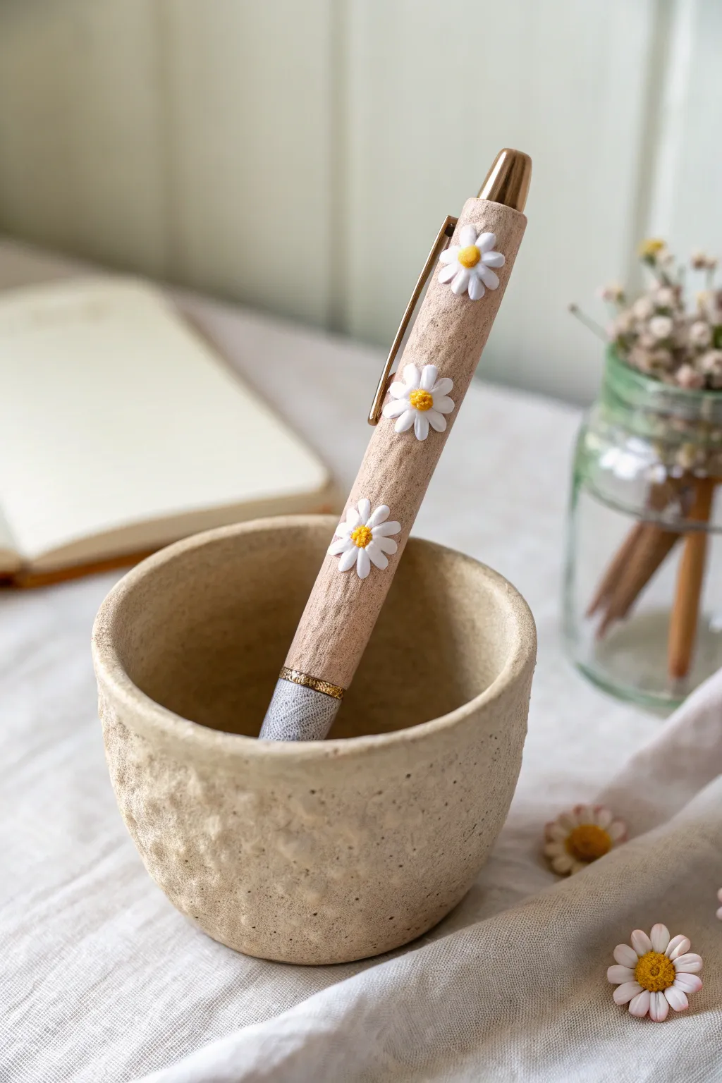 Tiny daisy topper polymer clay pen in a minimalist cup, sweet handmade charm for your desk.