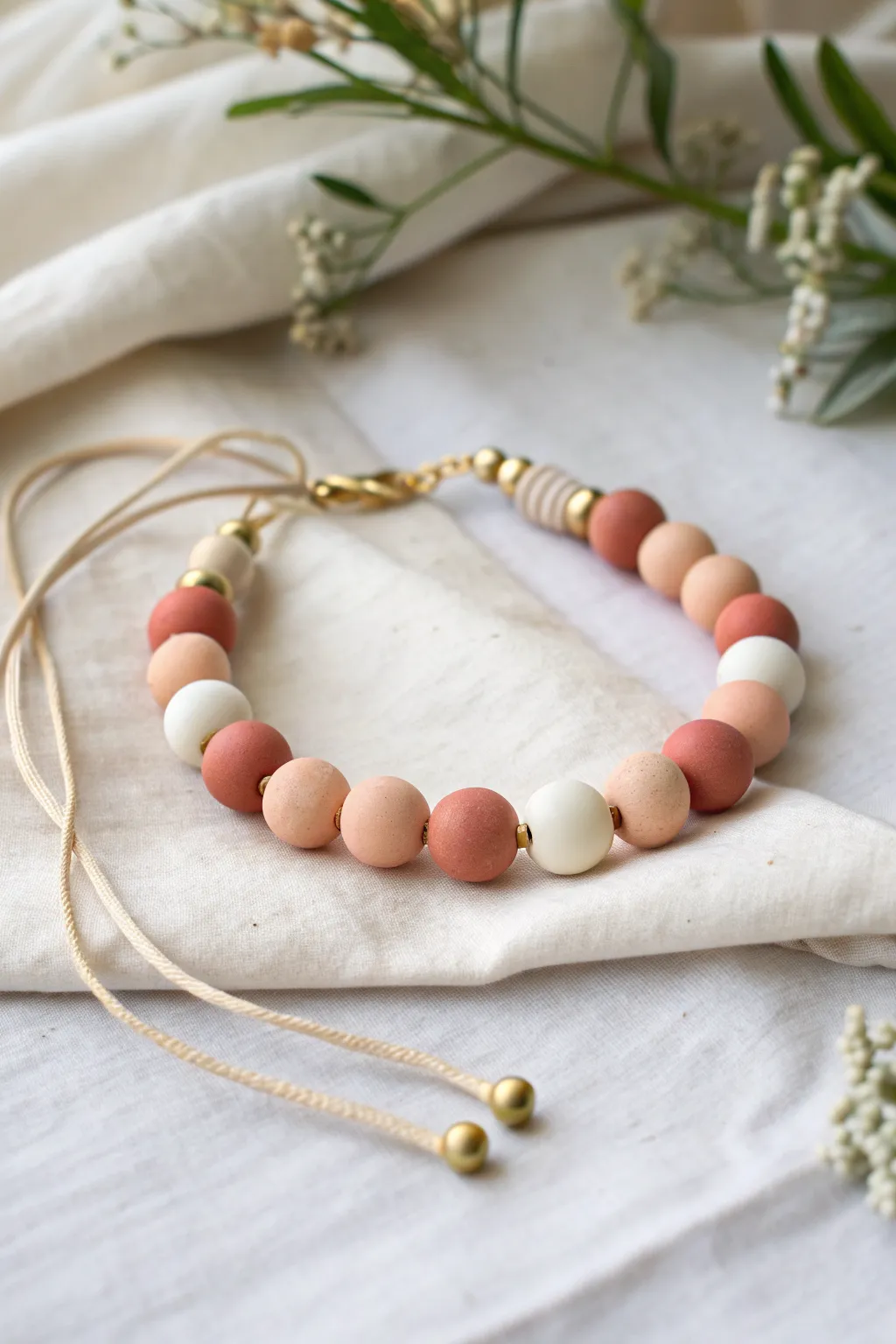 Minimal polymer clay bead bracelet with a tiny charm dangle, perfect for everyday boho style.