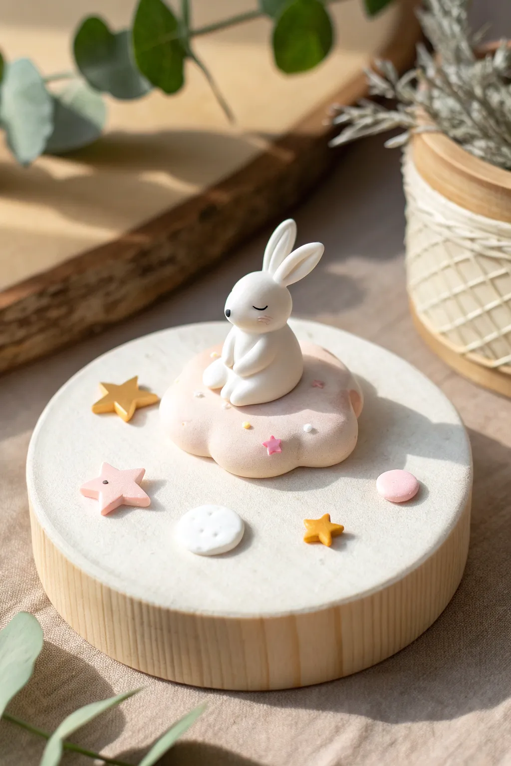 Palm-sized polymer clay diorama on a tiny base, a cozy bunny-on-a-cloud scene in soft neutrals.