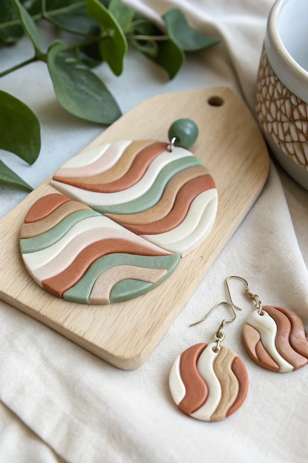 Wavy stripe slab inspo with matching rectangle and arch earrings in modern minimalist boho style.