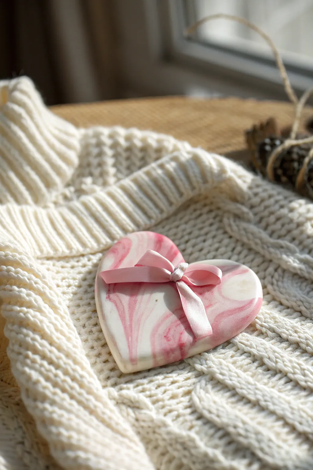 Candy ribbon bow heart brooch in polymer clay, cozy knit styling for a soft Valentine look