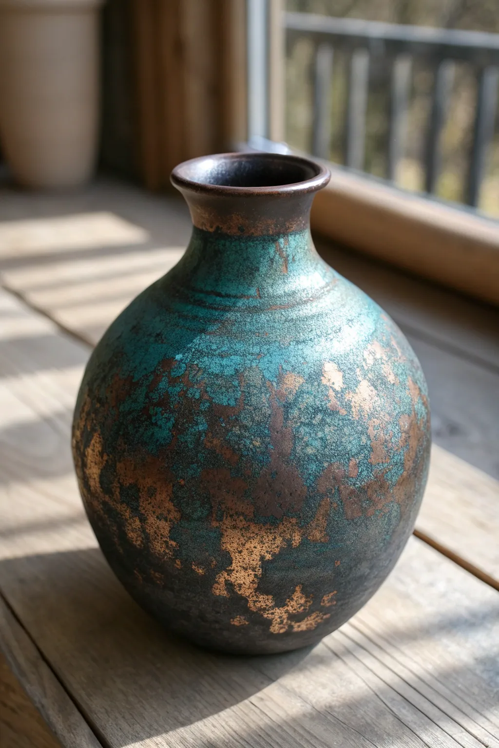 Moody faux raku polymer clay vase with bronze and deep teal patina in soft natural light