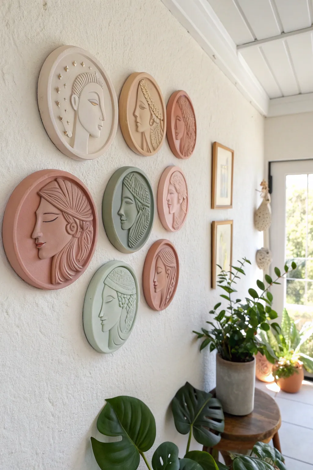 Collectable polymer clay portrait medallions in a minimalist boho wall set, sweet and simple.