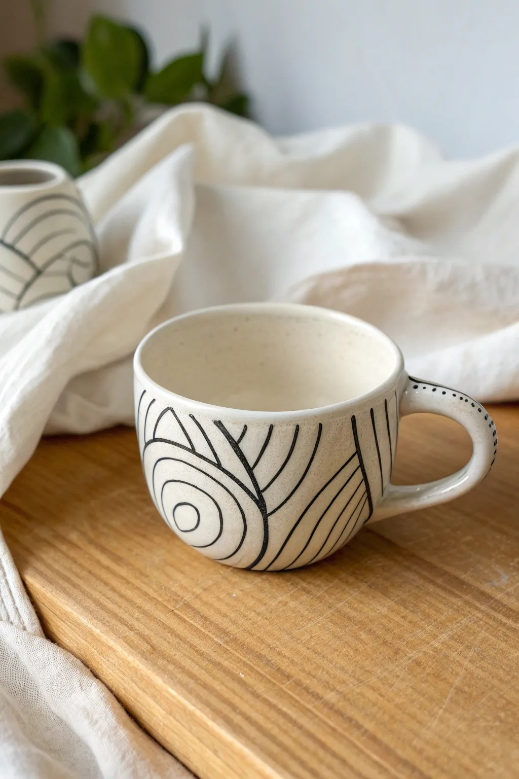 A 3D sketch-style clay cup in white with bold black lines, minimalist pop art for beginners