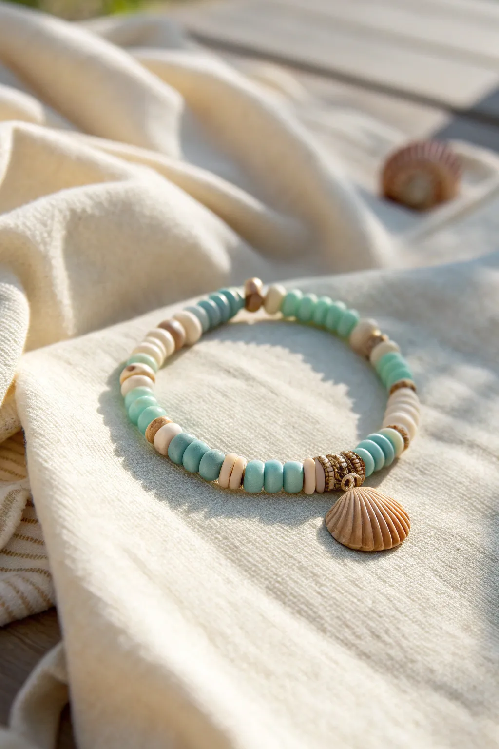 Shell charm meets seafoam and sandy heishi beads for an effortless beachy clay bracelet