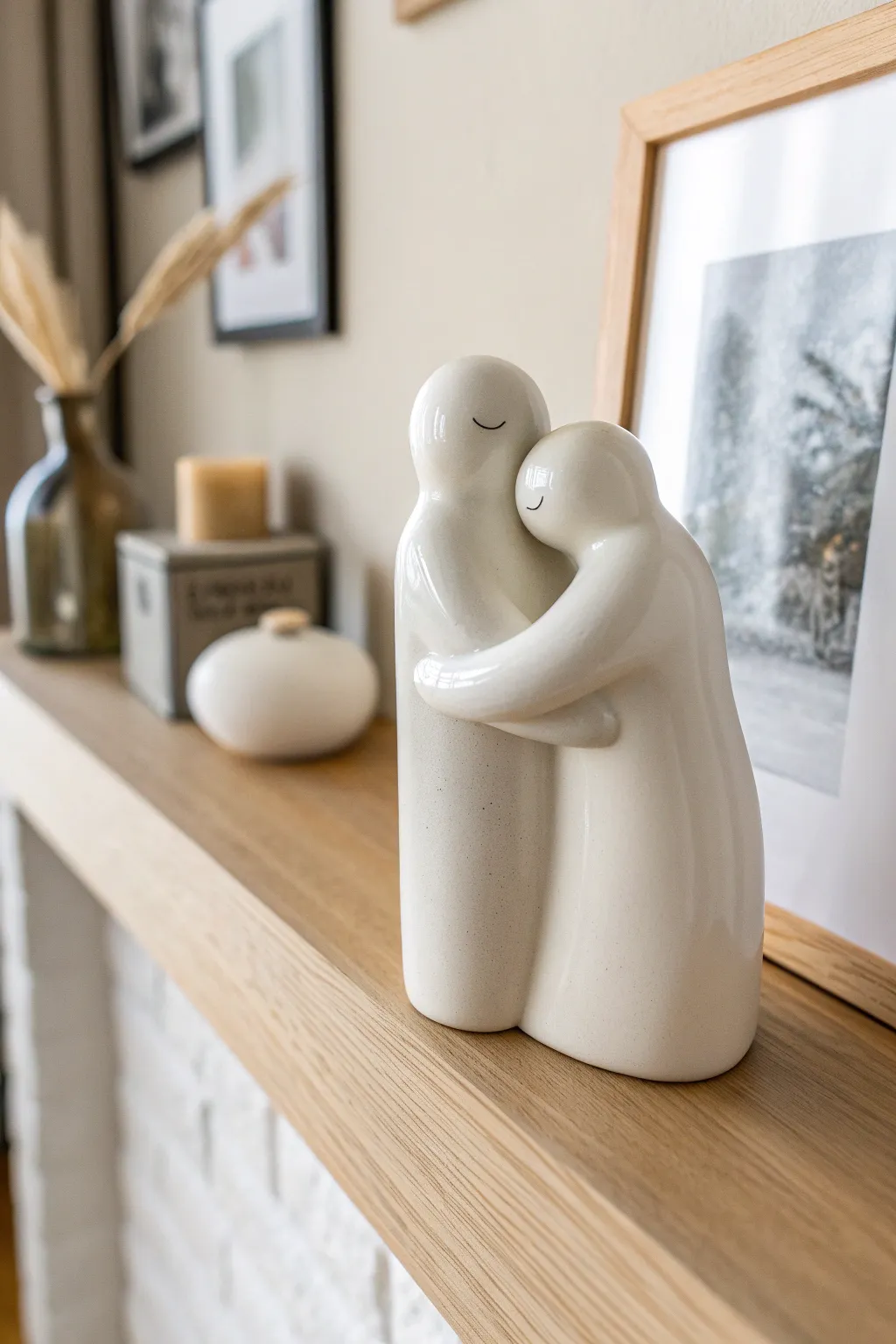 Minimal porcelain embrace figurine on warm oak shelf, a heartfelt gift with Nordic calm.