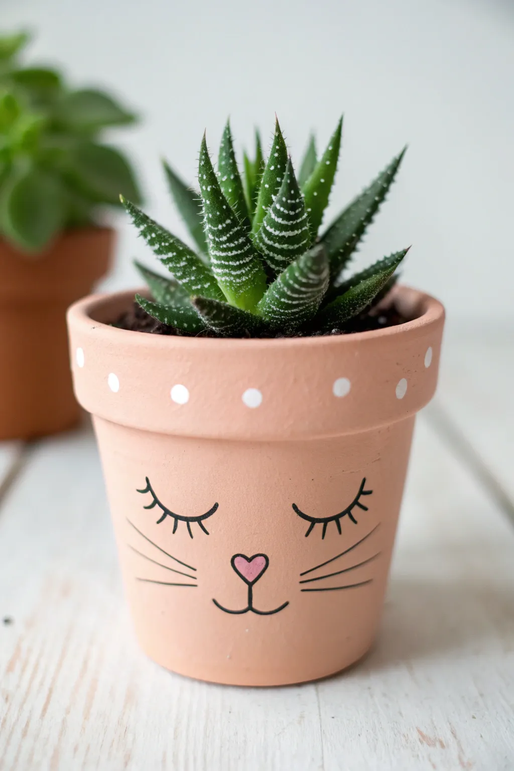 Minimal cat face pot with whiskers, topped with a spiky plant for playful cat hair vibes