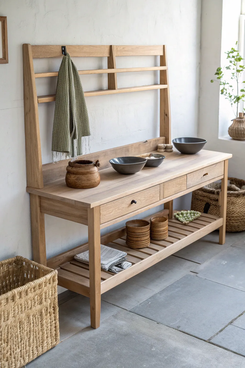 Minimal potters bench with built-in cubbies, keeping leather-hard pieces airy and organized.