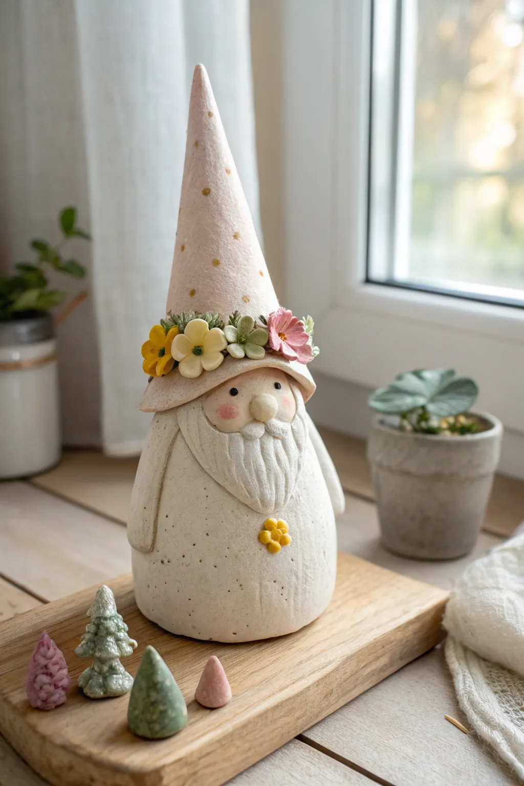 Spring flower crown gnome in bright simple glazes, a sweet minimalist pottery idea.