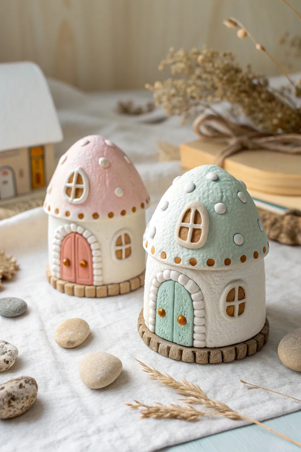 Sweet clay fairy houses with simple details, pastel color, and tiny natural props for kids