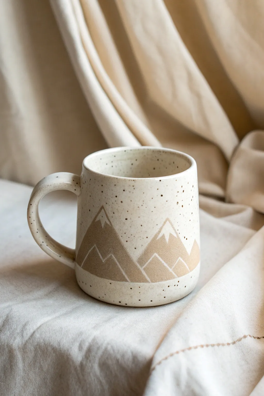 Minimalist mug with a negative space silhouette, clean lines, natural clay contrast