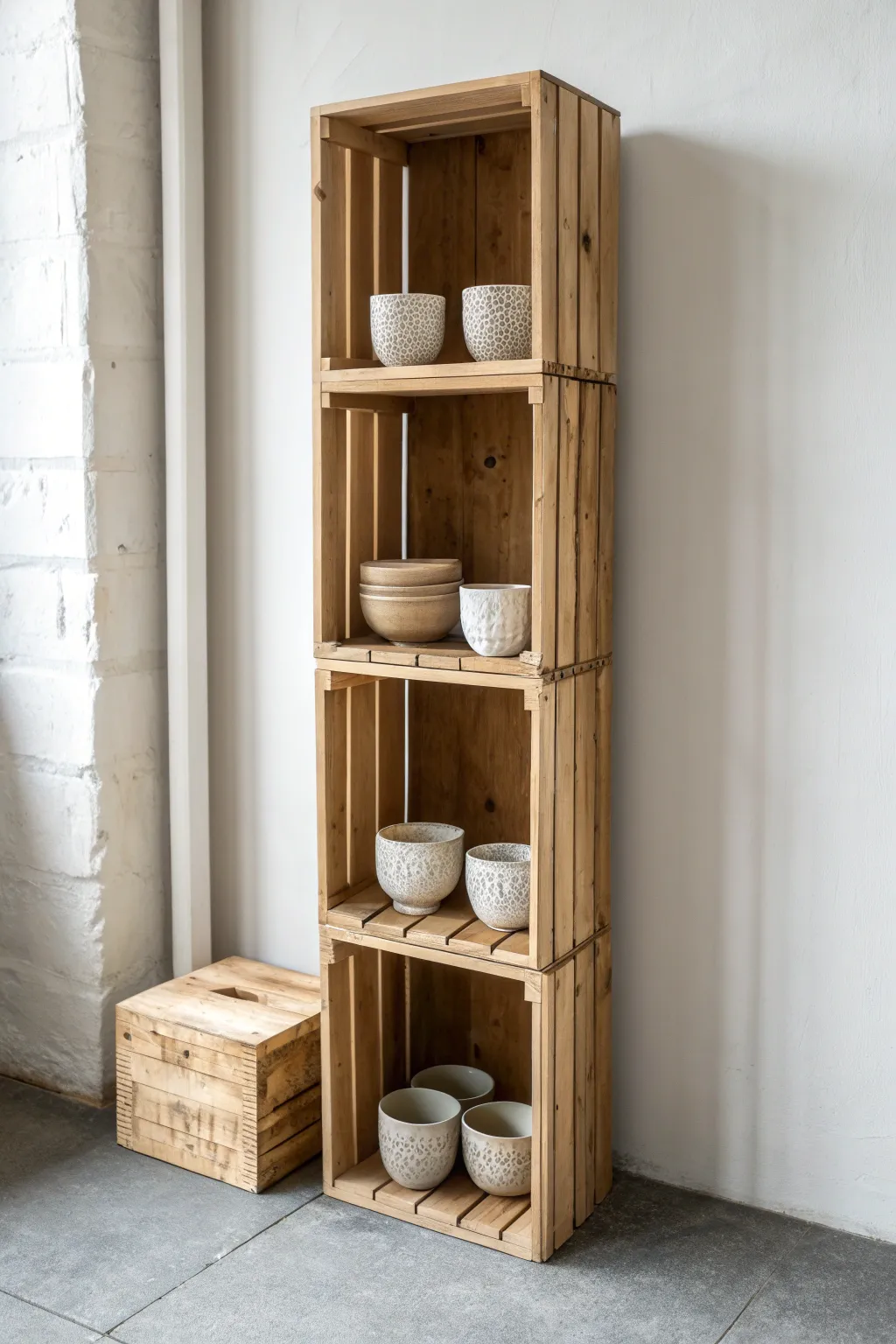 Stacked wooden crate cubbies keep mugs and bowls tidy while adding warm, rustic minimalism