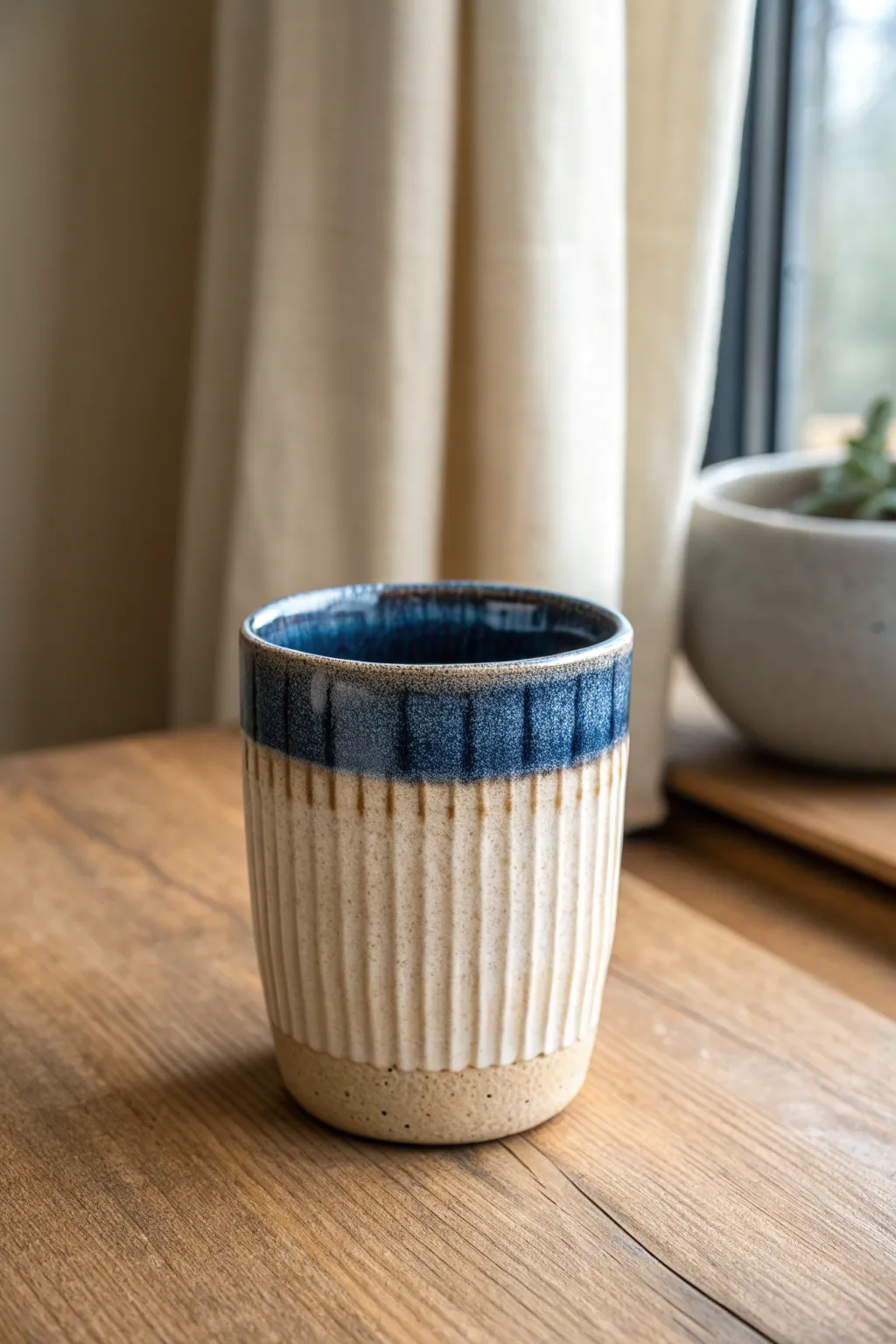 Ribbed tumbler with ivory break and indigo pool glaze, texture made beautifully obvious.
