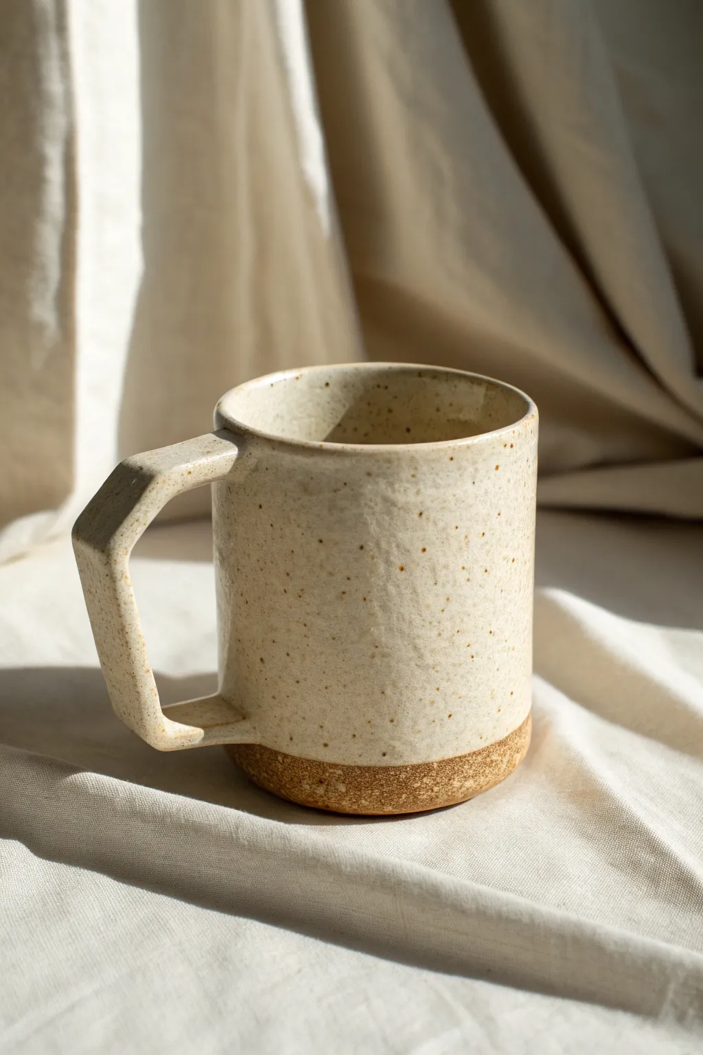 Faceted angular handle mug with clean planes, soft clay tones, and crisp light for inspiration