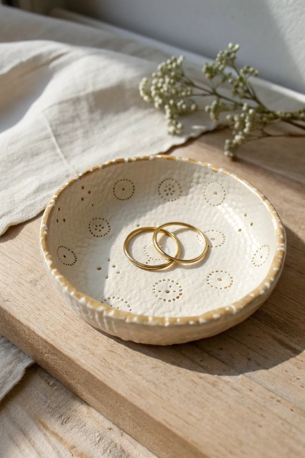 Beginner-friendly stamped jewelry dish with glossy glaze, styled simply with earrings and a ring.