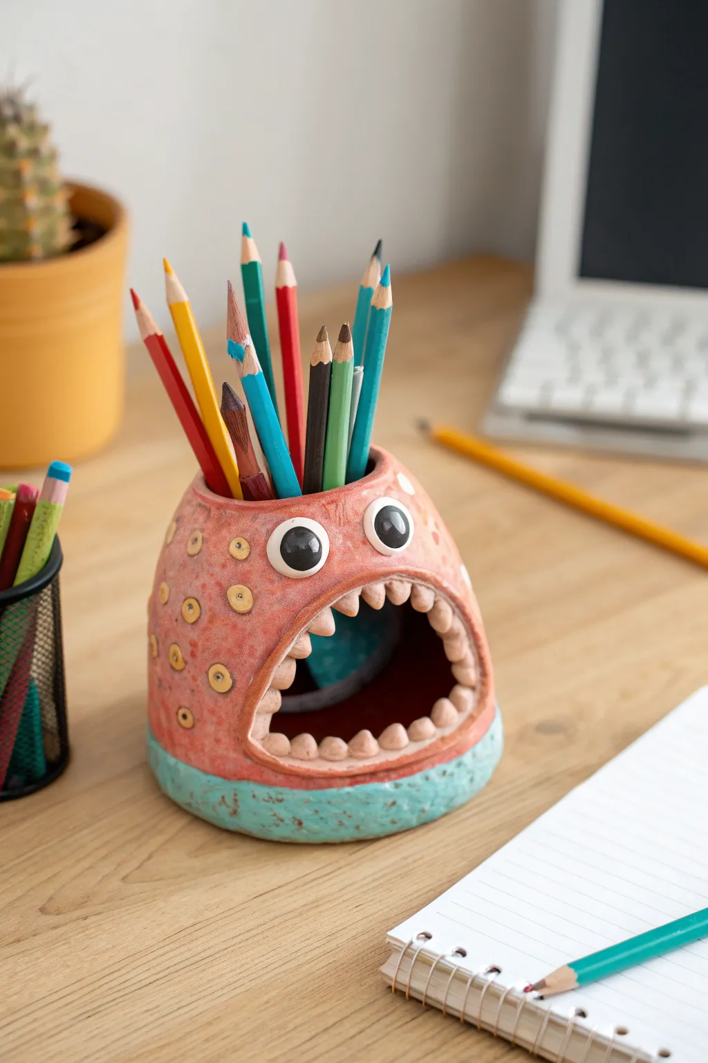 Bright monster mouth pencil holder turns messy crayons into a fun, tidy desk companion.