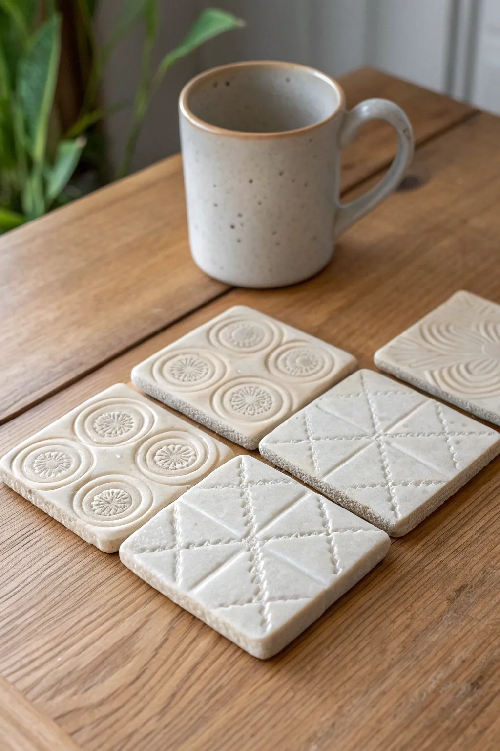 Four stamped clay tile coasters in a clean grid, minimalist tones, with one mug for scale