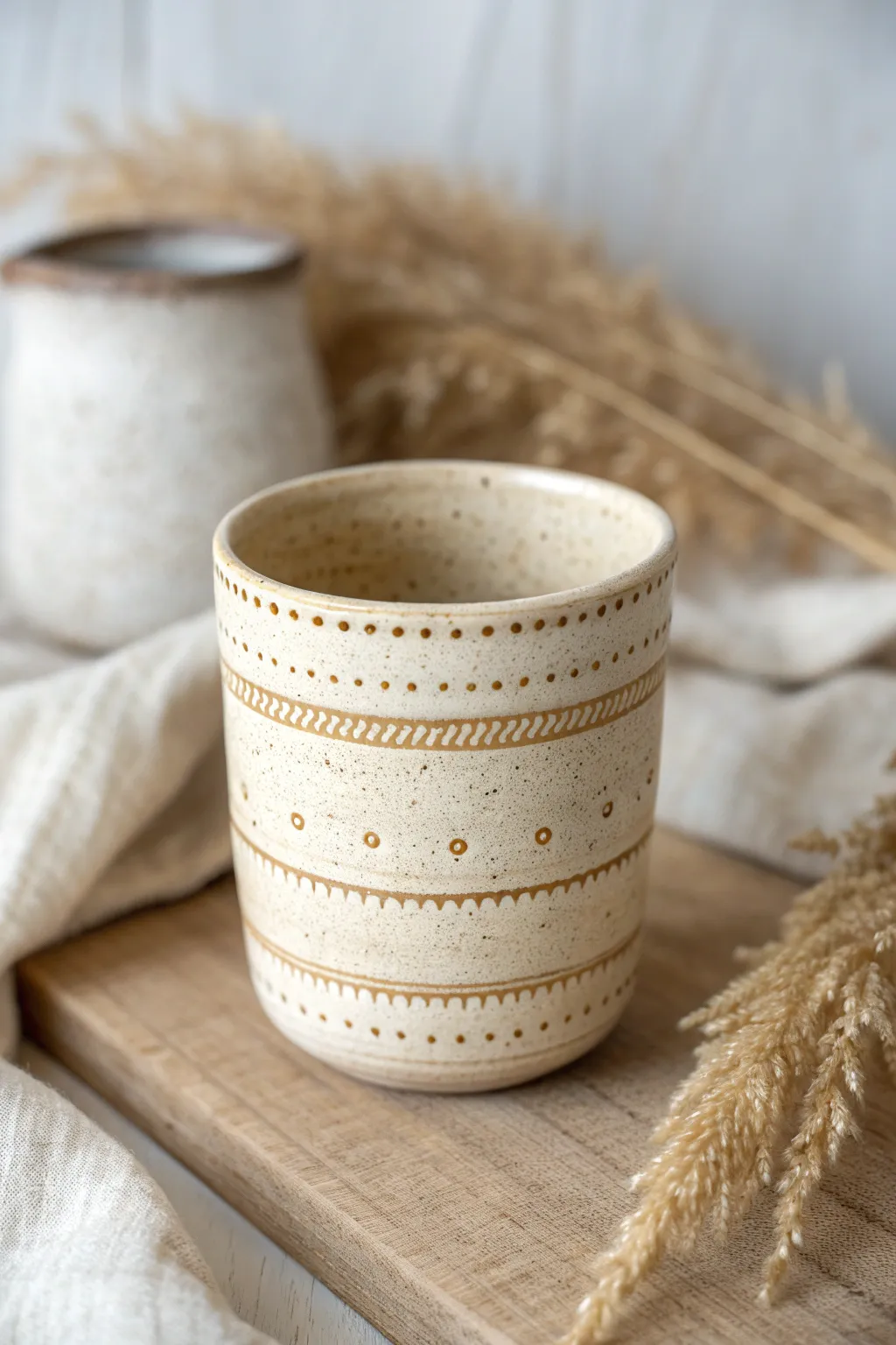 Stitched dash and dot rows wrap this cozy handmade cup like fabric translated onto clay.