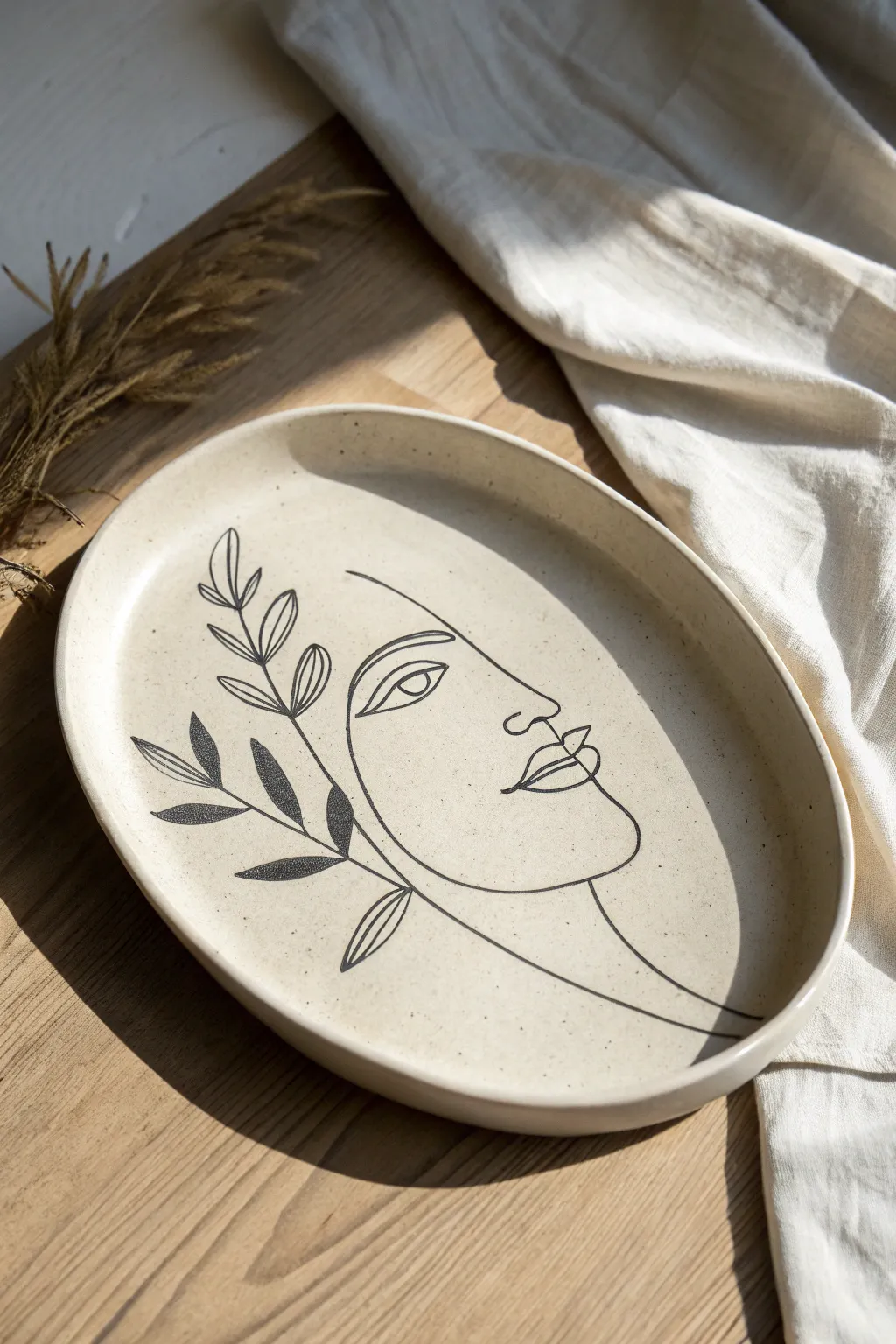 Minimal underglaze line art platter with airy Scandinavian style and a soft boho touch.