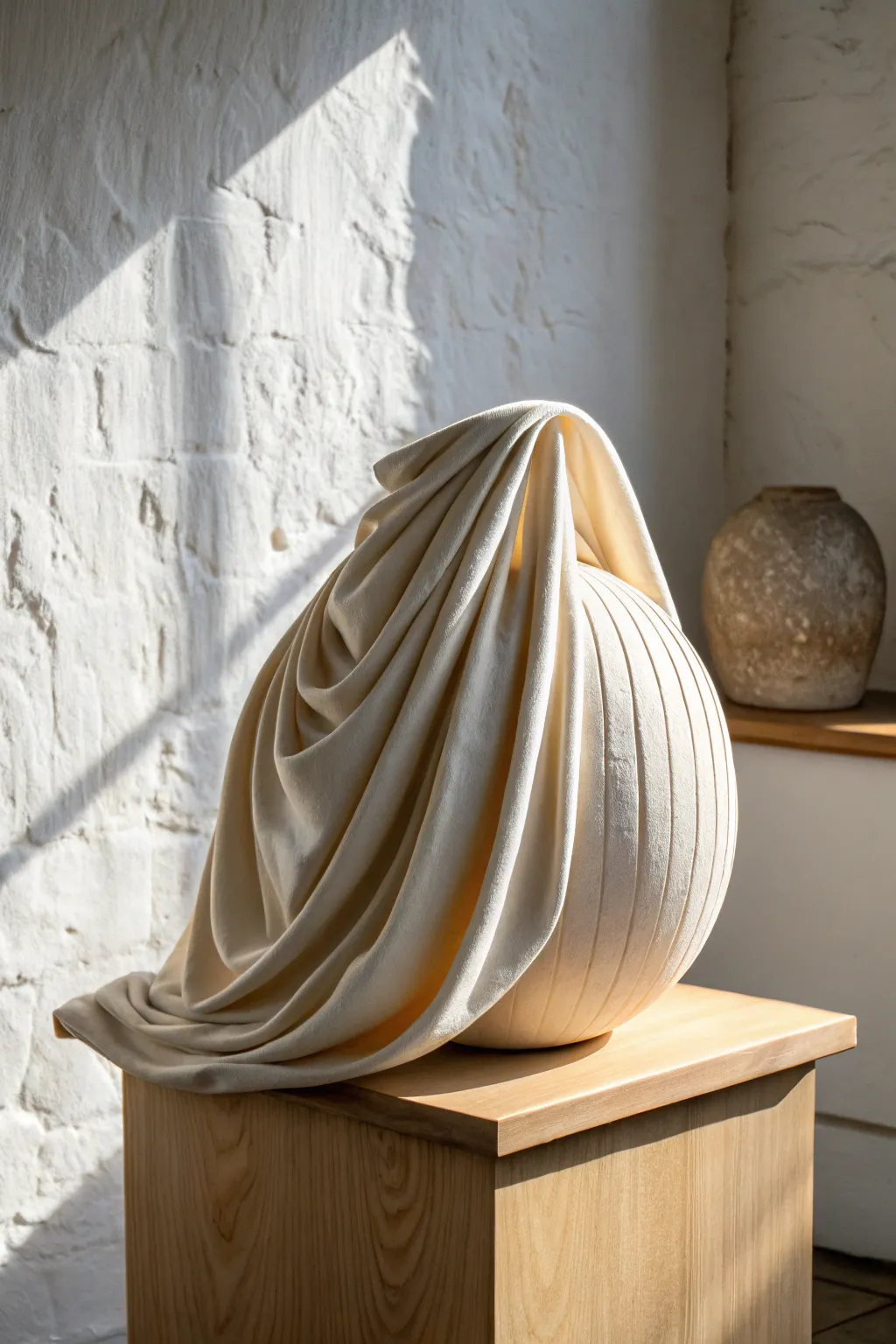 Satin glazed draped-cloth pottery sculpture with soft folds, minimal styling, and calm contrast