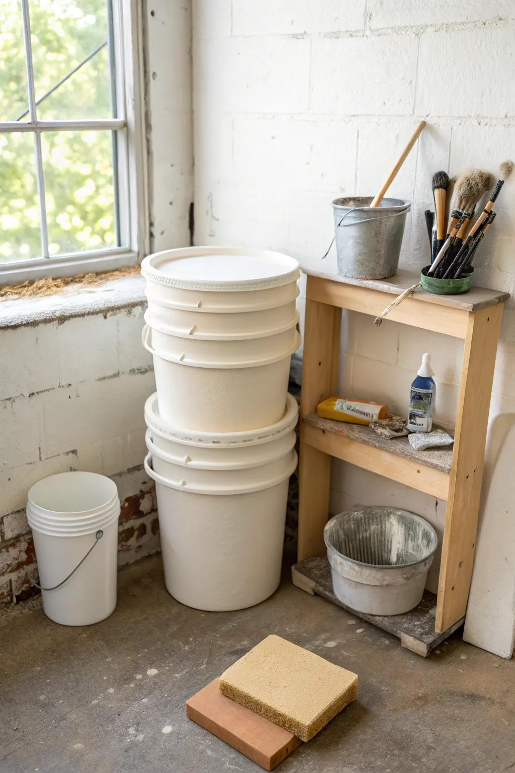 Tidy reclaim corner with stacked buckets and trimmings bin, minimal and ready for studio reuse