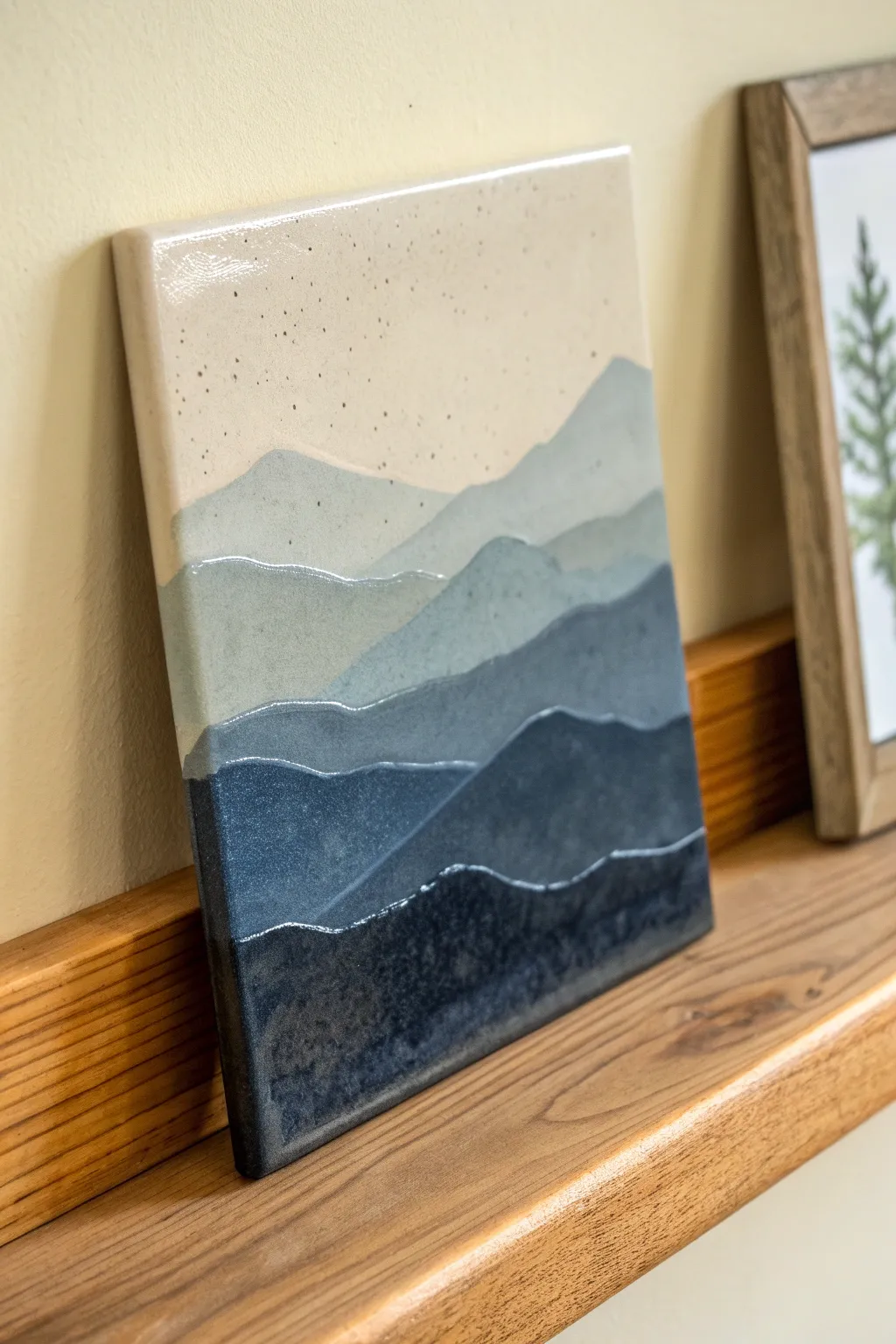 Minimal mountain gradient tile with misty layers for a calm, modern Scandinavian look