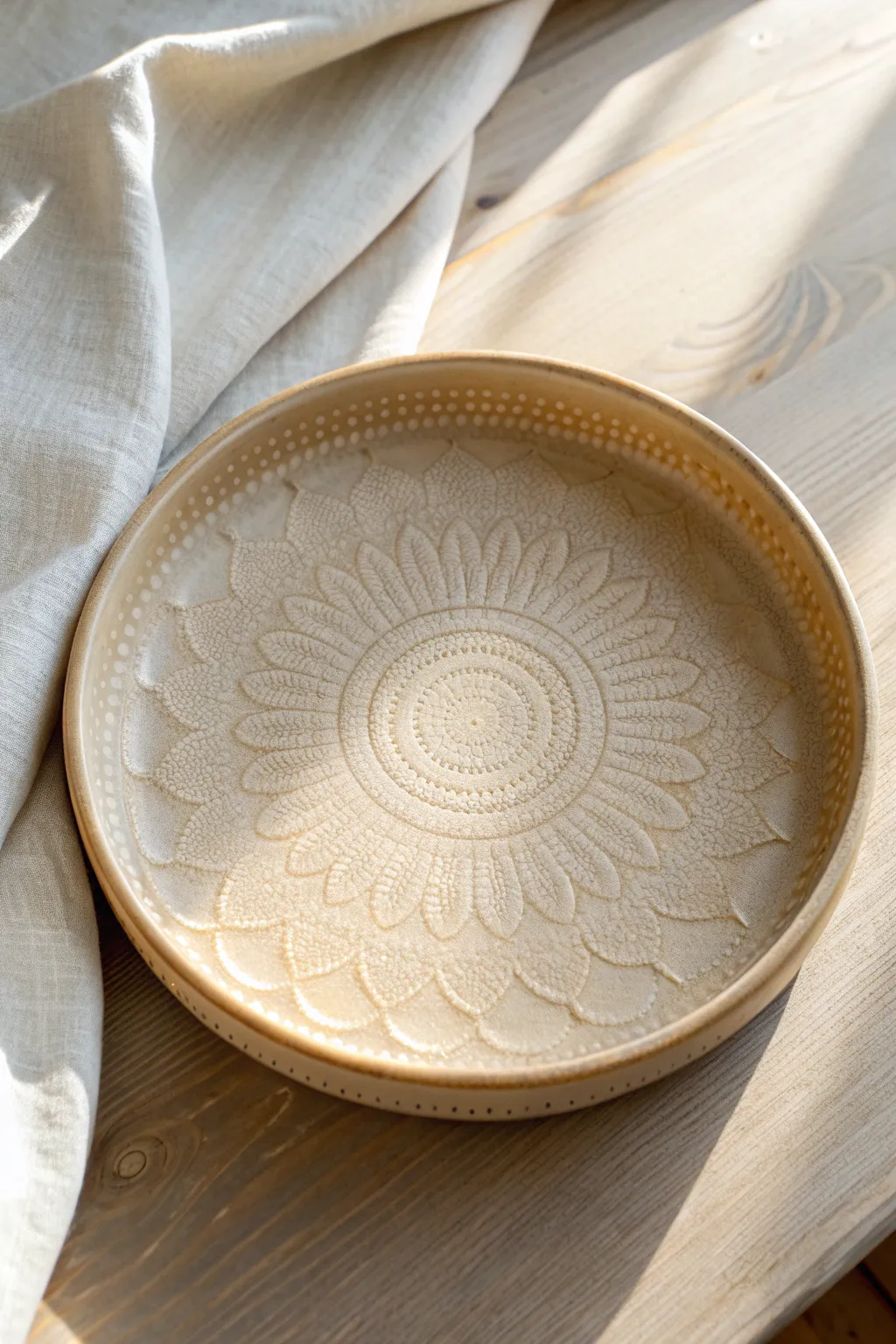 Stamped mandala tray with soft glaze pooling and minimalist boho warmth in natural light
