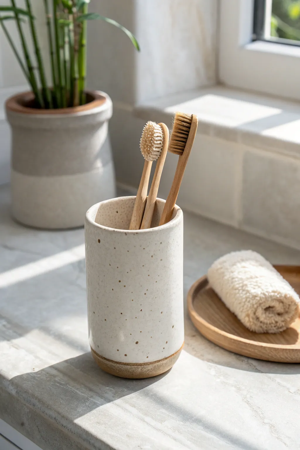 Simple air-dry clay cup that keeps toothbrushes tidy, calm, and spa-like on your counter.