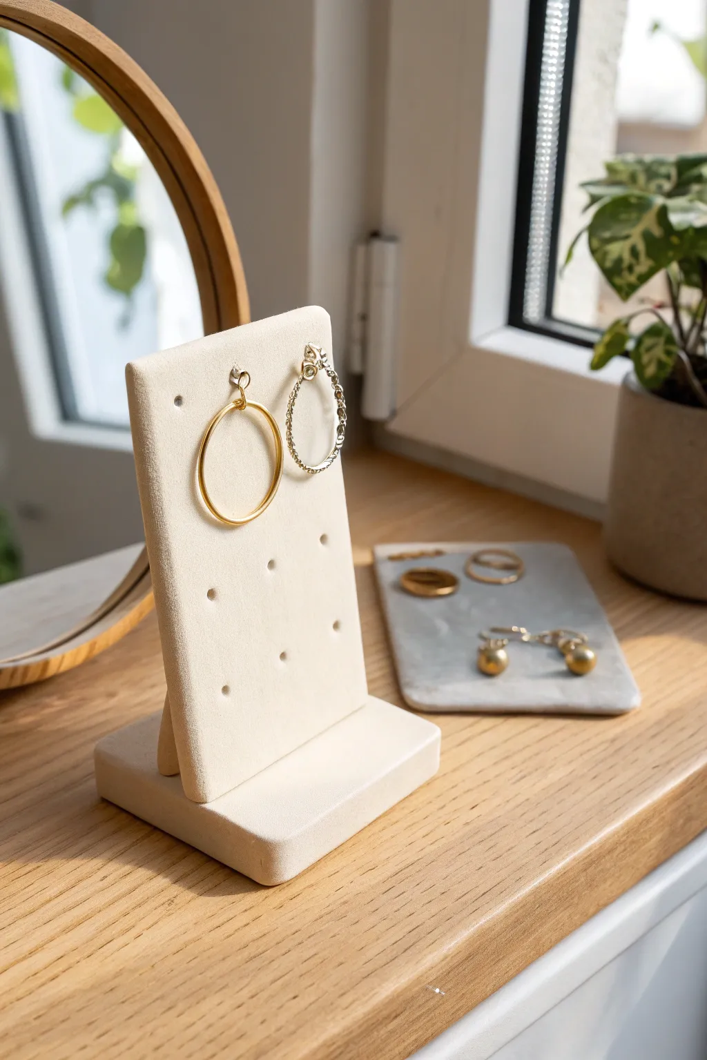 Simple clay earring stand with clean holes and warm minimalist styling for a tidy vanity