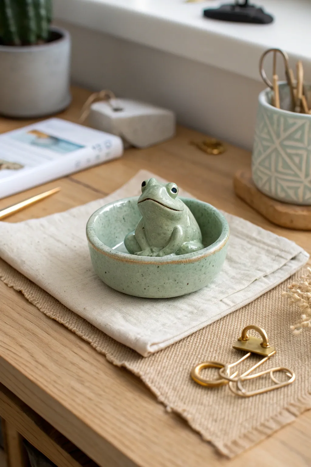 Preppy frog trinket bowl buddy that keeps rings and tiny desk treasures cute and organized.