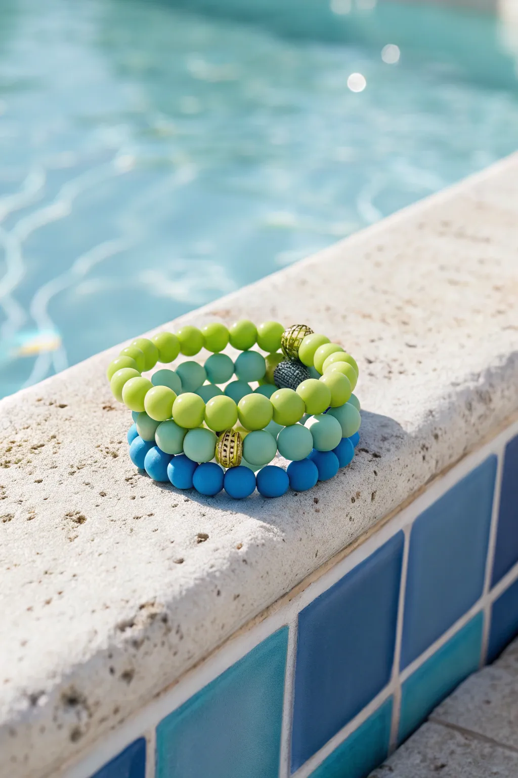 Neon lime and sky blue clay bead stack with gold spacers, styled by bright pool tiles.