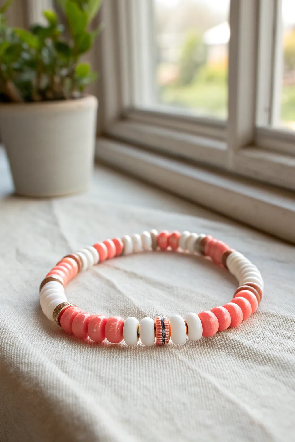 Candy stripe clay bead bracelet with thin repeating lines for a clean preppy pop of color.