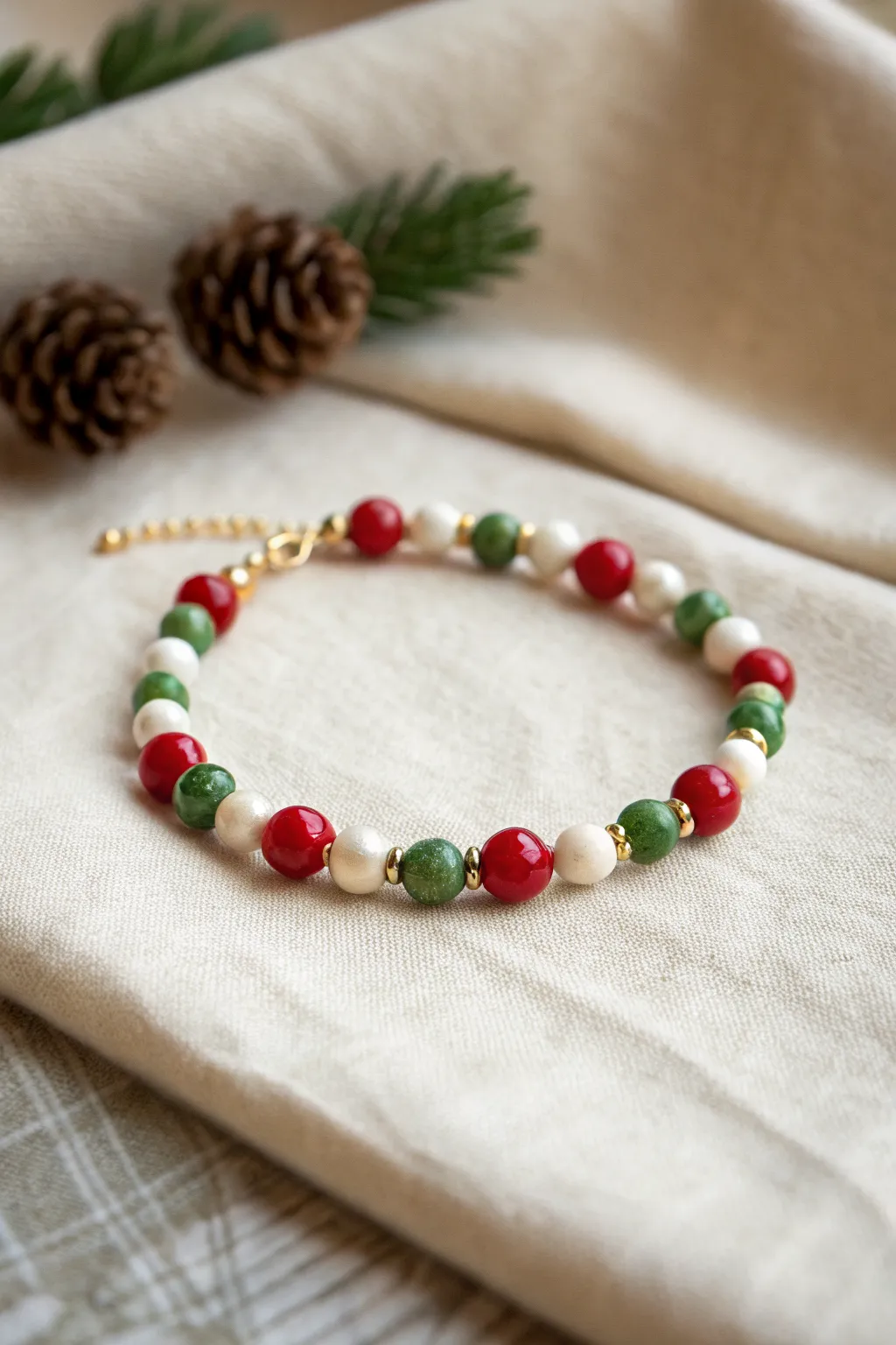 Holly berry clay bead bracelet in green and white, with red trios and polished gold spacers