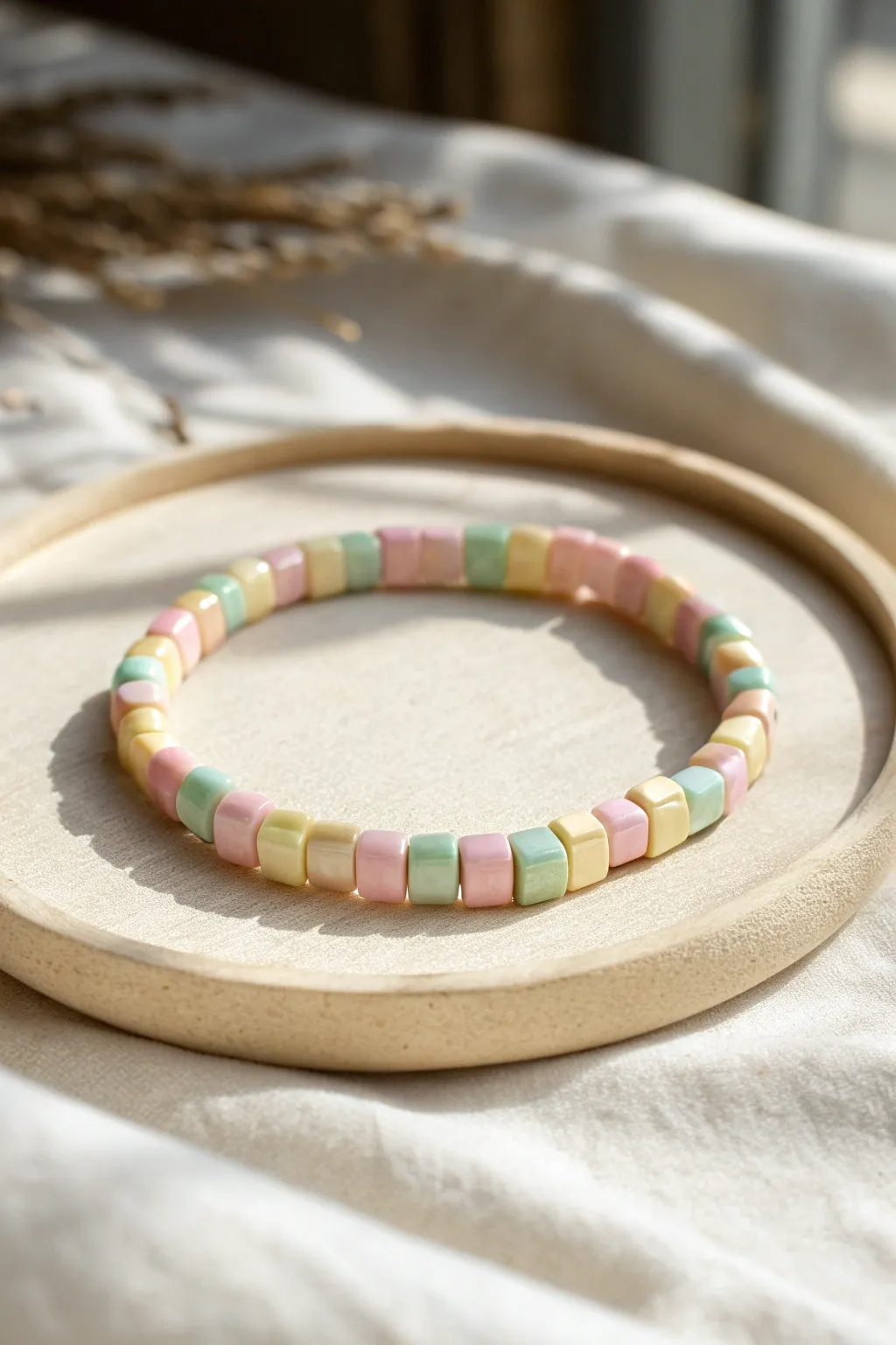 Pastel gingham checker clay bead bracelet laid flat in clean, minimalist Scandinavian style
