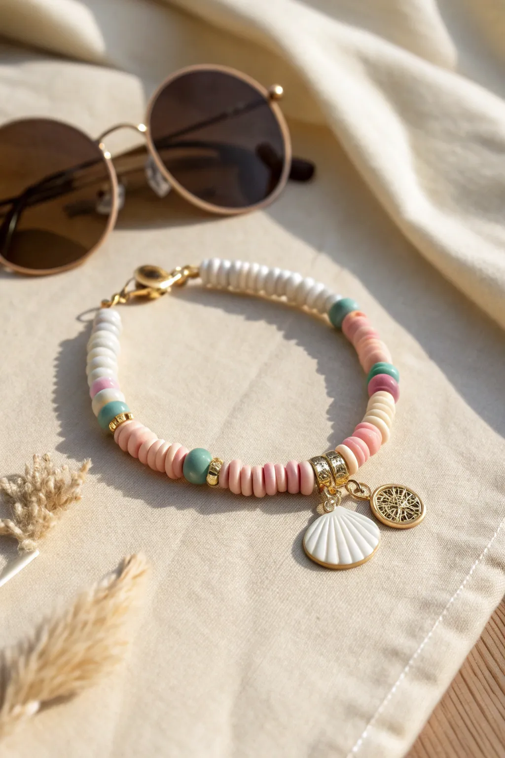 Preppy clay disc bead bracelet with a cute charm cluster, styled minimal with sunnies