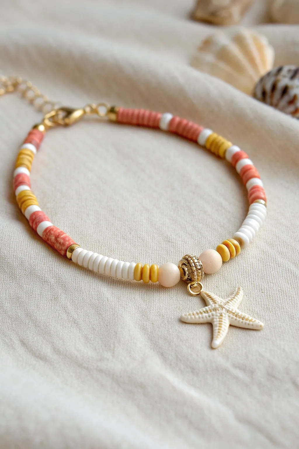 Starfish charm centerpiece with coral, yellow, and white heishi for a clean preppy stack.