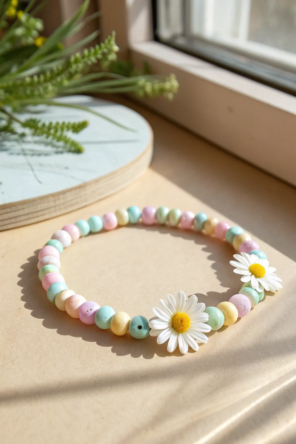 Pastel prep clay bracelet with chunky daisy beads, airy minimalist styling and soft sunlight