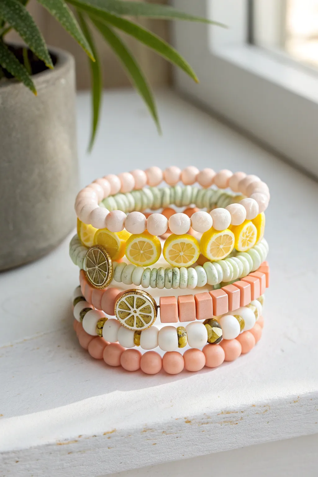 Clean white clay bead stack with lemon and grapefruit slice pops for a preppy, sweet finish