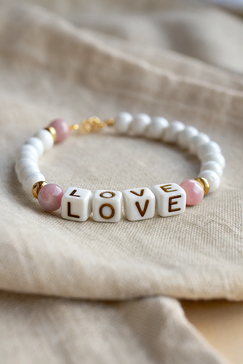 Preppy mini word bracelet with white heishi beads, soft pink accents, and gold spacers.