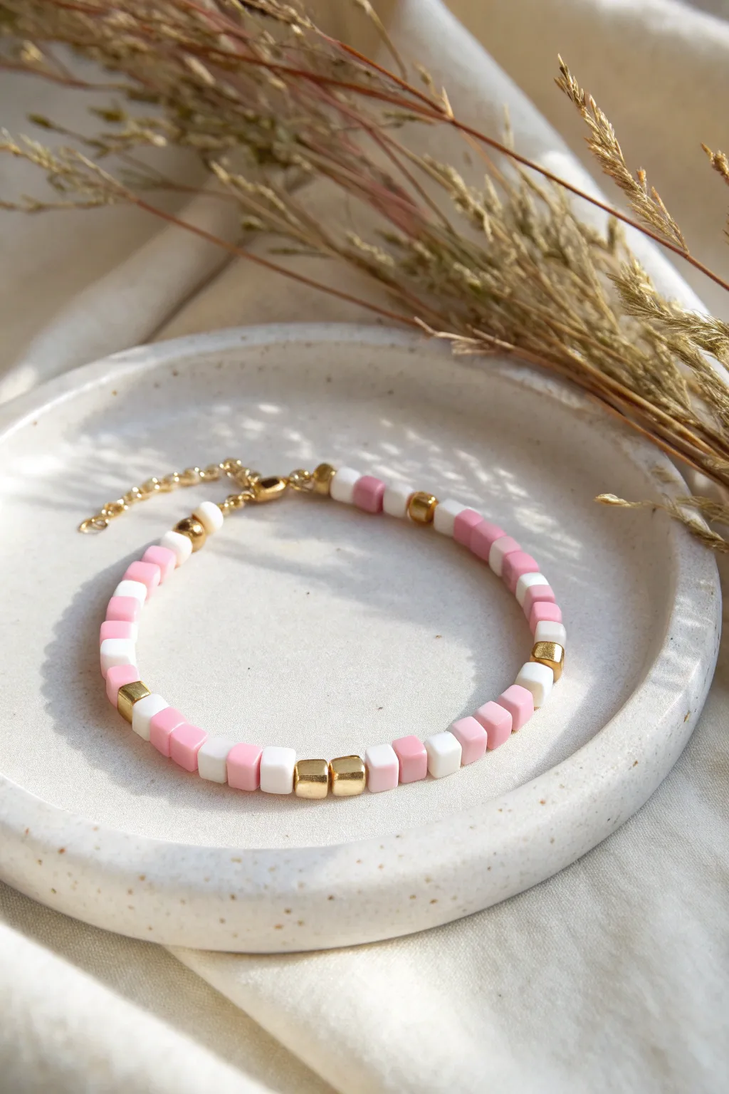 Preppy pink-and-white checker heishi bracelet with tiny gold spacers, clean gingham vibe