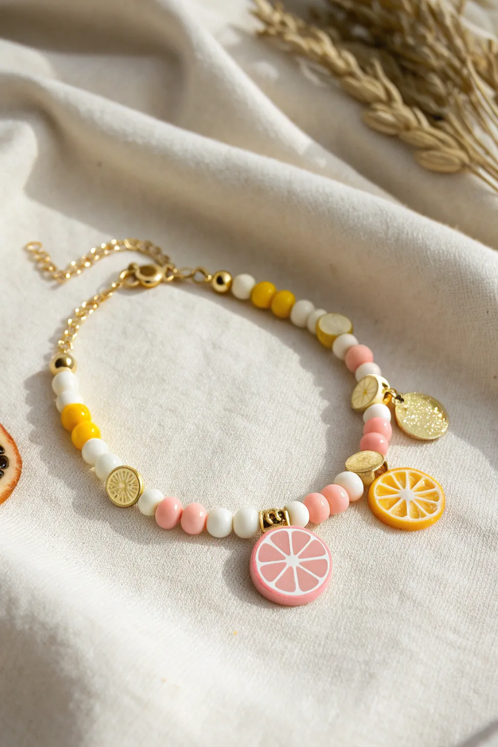 Tiny fruit-slice charms and bright clay beads for a fresh, preppy summer bracelet look