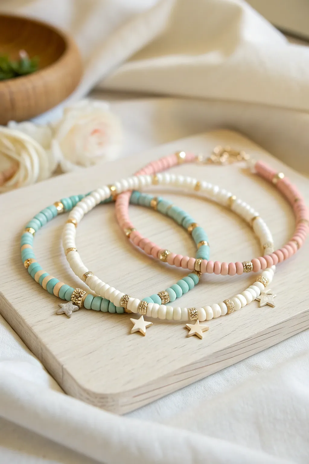 Soft pastel heishi bracelet with spaced star accents, minimalist boho stack for easy DIY style.