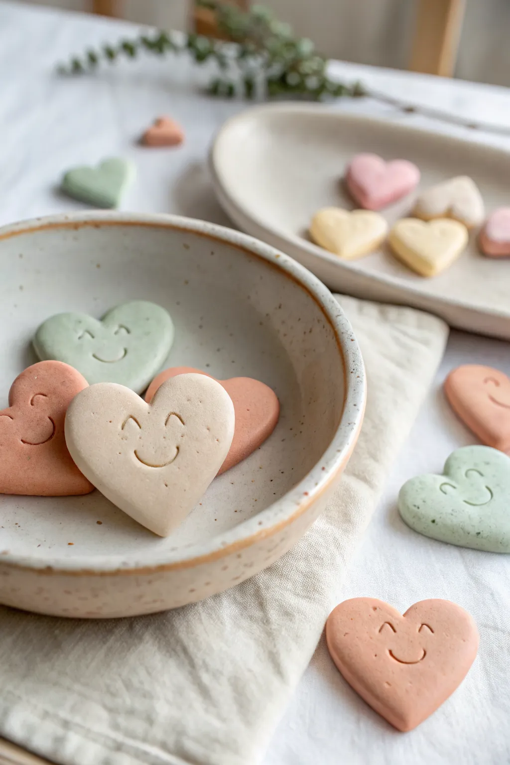 Sweet puffy heart pocket tokens with simple stamped faces, soft colors, candy-like charm.